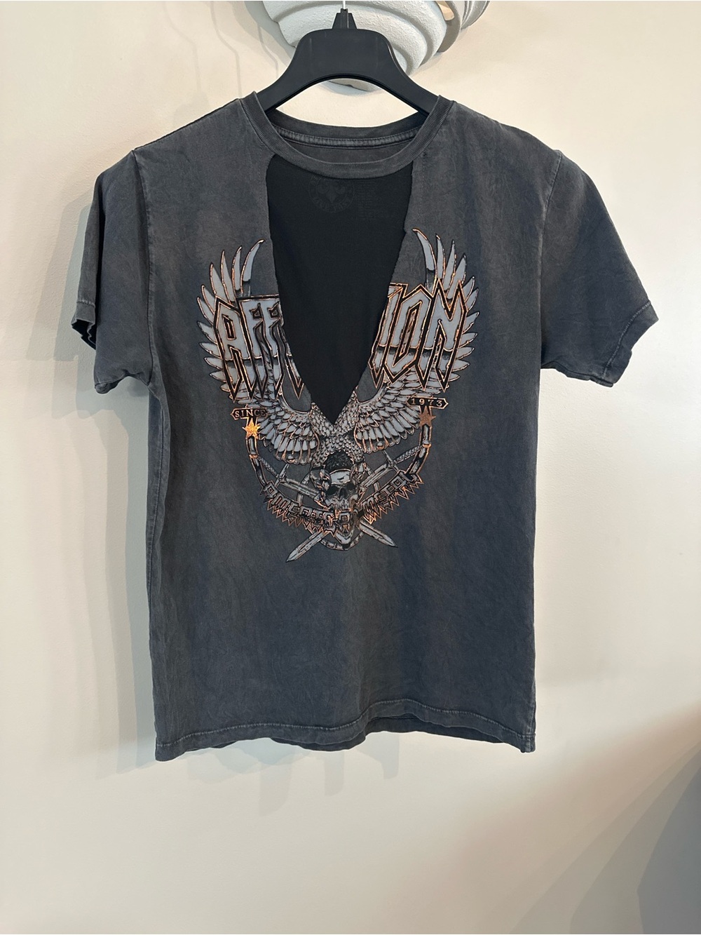 Affliction Graphic T-Shirt Womens Gray Deep V Mesh Cutout Y2K Grunge